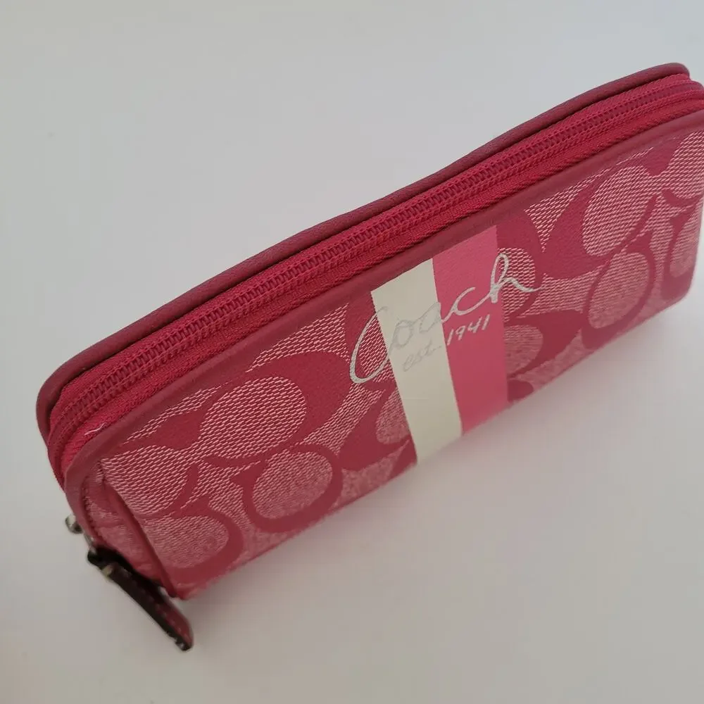 Coach Signature C Pink White Stripe Makeup Cosmetic Bag Pouch Zipper Organizer